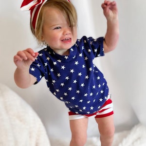 Navy Stars & Red Striped Mix and Match Dudis Summer Lounge Set, Handmade Kids Tee and Shorts Set, Summer holiday outfit, Newborn Fashion image 8