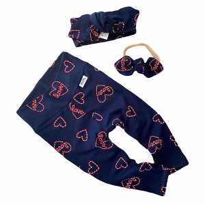 Love Hearts on Navy Blue Leggings and/or Top Knot Headbands Set, Preemie Girl Clothes, Newborn Coming Home Outfit, Baby Pants & Bows