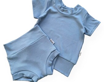 Chambray Rib Dudis Summer Lounge Set, Handmade Kids Tee and Shorts Set, Summer Holiday, Baby Yoga, Newborn Clothes Baby gift Toddler Fashion