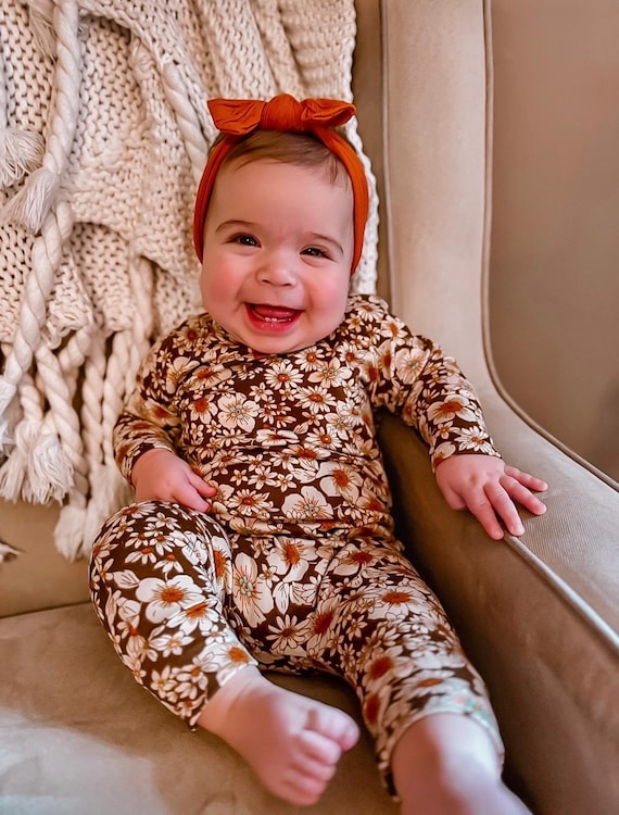 Vintage Blossoms on Brown Baby Girl Harem Romper, Babygirl Boho