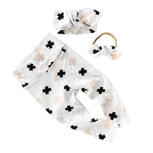 Cross Monochrome Leggings and/or Top Knot Headbands Set, Preemie Girl Clothes, Newborn Coming Home Outfit, Baby Pants & Bows, Abstract print