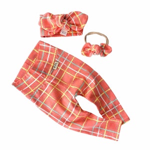 Large Squares on Coral Leggings and/or Headband, Baby Pants, Preemie Girl Gift Set, Newborn Girl Coming Home Outfit, Minimal Set