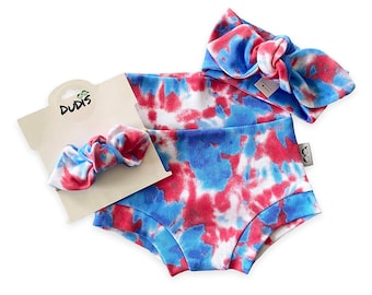 Patriotic Red and/or Blue Tie Dye Bummies and Tiny Knot/Top Knot Headband Set Patriotic Baby Girl Clothes Diaper Cover High Waisted Shorts