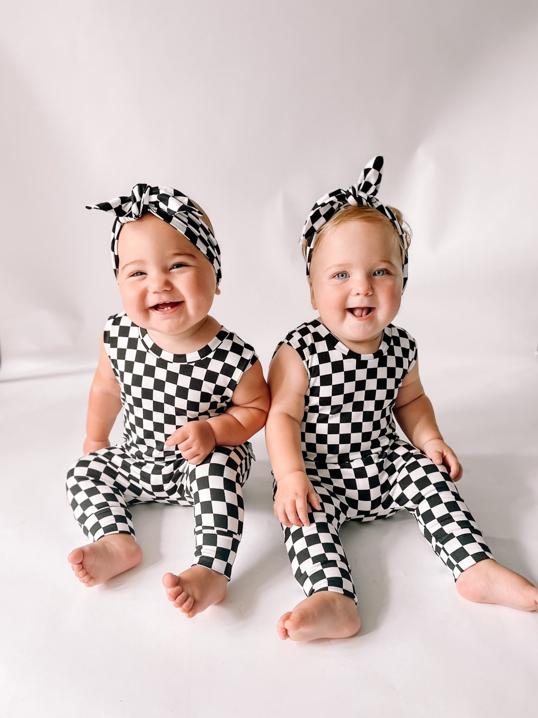 Black Retro Checkered Harem Romper Baby Clothing, Baby