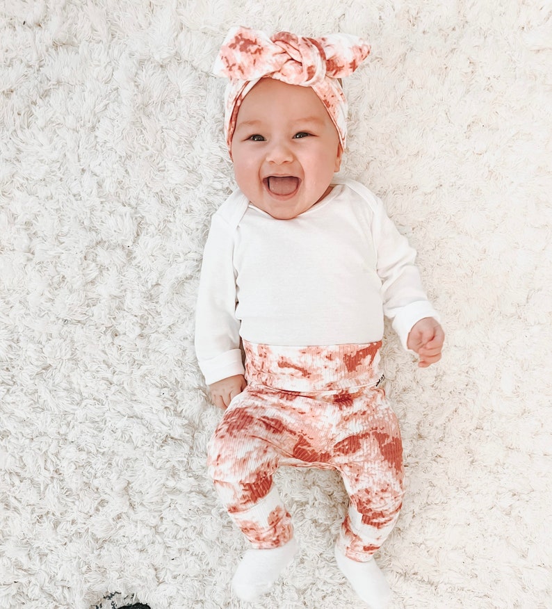 Rose Tie Dye Rib Knit Leggings and/or Headband Set, Unisex Baby, Preemie Girl Clothes, Newborn Coming Home Outfit, Cute Toddler Pants image 5