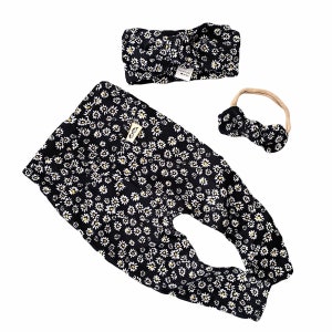 Zierliche Daisy Black Rib Leggings und / oder Stirnband Set, Preemie Mädchen Kleidung, Neugeborene nach Hause kommen Outfit, süße Kleinkind Hose, Blumendruck