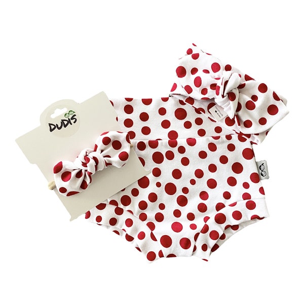 Red White Polka Dots Christmas Bummies and/or Top Knot Headband Set Baby Girl Clothes, Toddler Diaper Cover, Cute High Waisted Biker Shorts
