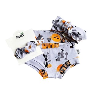 Cemetery Halloween Bummies and/or Top Knot or Tiny Knot Headbands, Baby Girl Cute Fall Costume, Toddler High Waisted Shorts