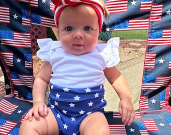 4th of July Bummies and/or Tiny Knot or Top Knot Headband Set, Patriotic Baby Girl Clothes, Toddler Diaper Cover, Cute High Waisted Shorts