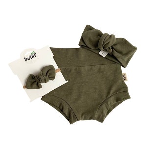 Olive Bummy and/or Tiny Knot or Top Knot Headband Set / Baby Girl Clothes Outfit / Baby, Toddler Diaper Cover / High Waisted Short
