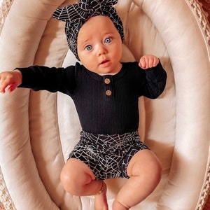 Spiderweb Halloween Bummies and/or Top Knot or Tiny Knot Headbands, Baby Girl Cute Black Costume, Toddler High Waisted Shorts