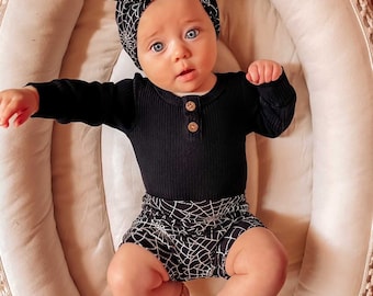 Spiderweb Halloween Bummies and/or Top Knot or Tiny Knot Headbands, Baby Girl Cute Black Costume, Toddler High Waisted Shorts