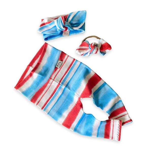 Patriotic Tie Dye Leggings and/or Top Knot Headband Set Baby Girl Fourth of July Outfit Newborn 1st July 4th Preemie Newborn Baby Toddler
