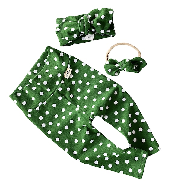 Green and White Polka Dot Leggings and/or Top Knot Headband Set, Baby Girl Gift, Newborn Coming Home Outfit, Preemie Clothes, Toddler Pants