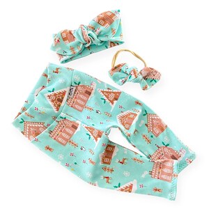 Girls Christmas Leggings and Headband Set Mint Gingerbread Village Outfit Holiday Baby Clothes Newborn to Toddler Gift For Christmas