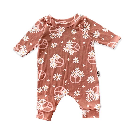 Peace Sign Floral on Mauve Long Sleeve Harem Baby Clothing Baby Girl Romper  Boy Romper Unisex Baby Jumpsuit Baby One Piece Holiday Outfit