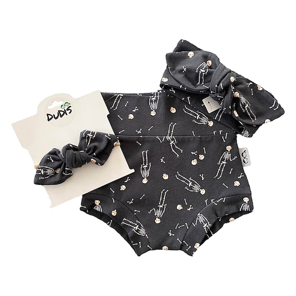 Skeleton Halloween Bummies and/or Top Knot or Tiny Knot Headbands, Baby Girl Cute Black Costume, Toddler High Waisted Shorts For Halloween