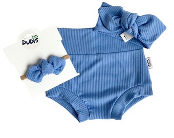 Blue Rib Bummies and/or Top Knot Headband Set, Baby Girl Cute Outfit, Diaper Cover, Toddler High Waisted Shorts