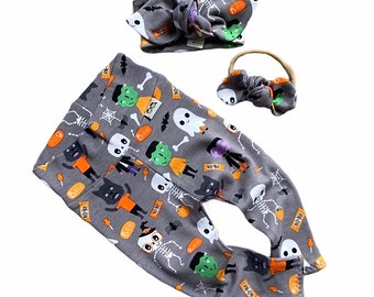 Spooky Friends Halloween Leggings and/or Top Knot Headband Set, Preemie Girl Clothes, Newborn Coming Home Outfit, Unisex Baby Costume