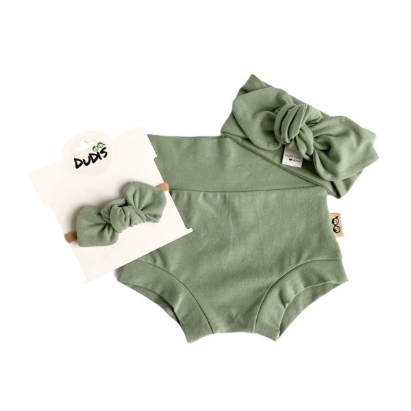 Sage Green High Waisted Bummies and/or Top Knot Headband Set, Baby Bummy Shorts, Toddler Bummies Headbands, Cute Clothing for Kids