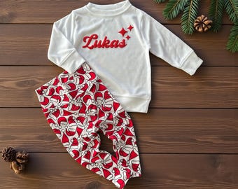 Personalized Christmas Baby Outfit, Custom Name Sweatshirt & Santa Hat Pants, Baby Christmas Outfit Boy Girl, Holiday Baby Clothes Gift