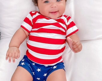 Red Striped & Navy Stars Mix and Match Dudis Summer Lounge Set, Handmade Kids Tee and Shorts Set, Summer holiday outfit, Newborn Fashion
