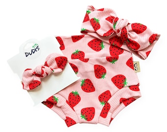 Pantalones cortos de ciclista o de canalé de verano con diseño de fresa rosa para bebé con lazo o diadema opcional, conjunto de fresa para bebés prematuros de 4 años, conjunto para niña.