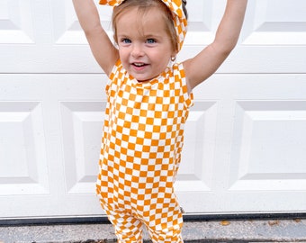 Yellow Retro Checkered Harem Romper Baby Clothing, Baby Romper, Baby Girl Romper, Summer Baby Romper, Unisex Baby Sleeveless Summer Jumpsuit