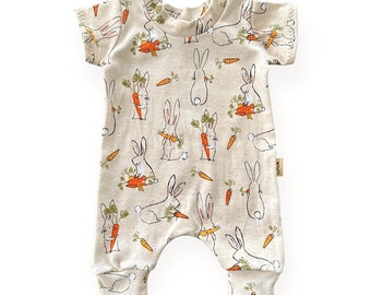 Easter Bunnies with Carrots Harem Romper, Baby Girl Romper, Boy Romper, Unisex Toddler Jumpsuit for Easter, Newborn Easter Gift, Overall