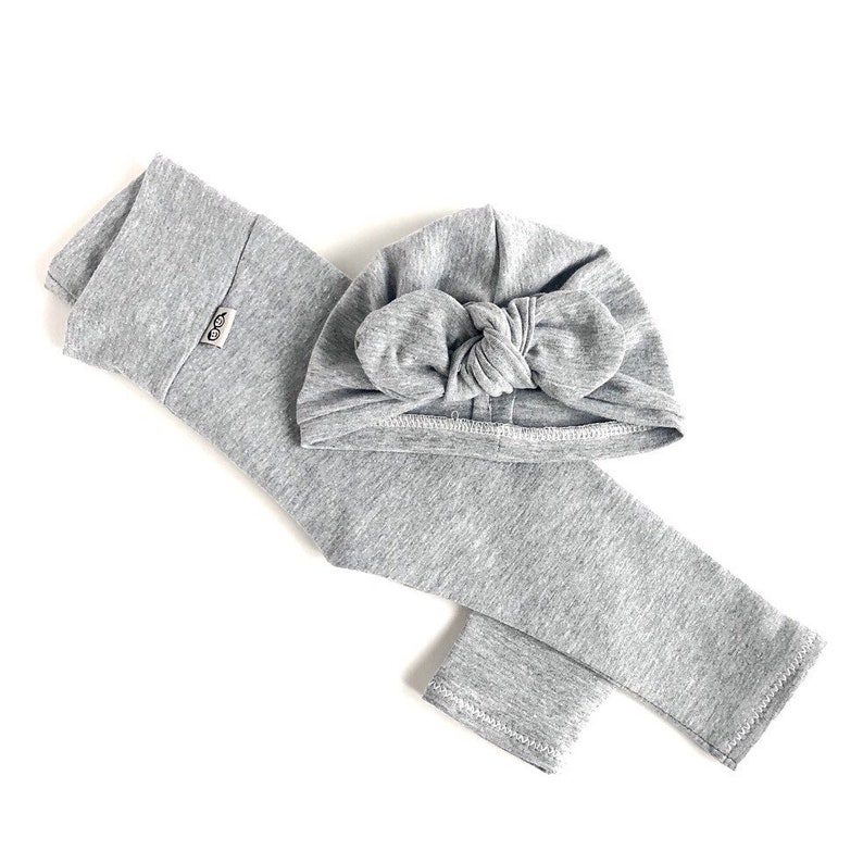 U CHOOSE COLOR Newborn Coming Home Outfit Heather Grey Baby Girl Leggings and Turban Hat Set Preemie Pants and Headwrap