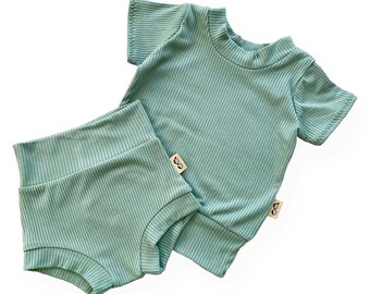 Sea Spray Rib Dudis Summer Lounge Set, Handmade Kids Tee and Shorts Set, Summer Holiday, Baby Yoga, Newborn Clothes, Toddler Fashion Gift