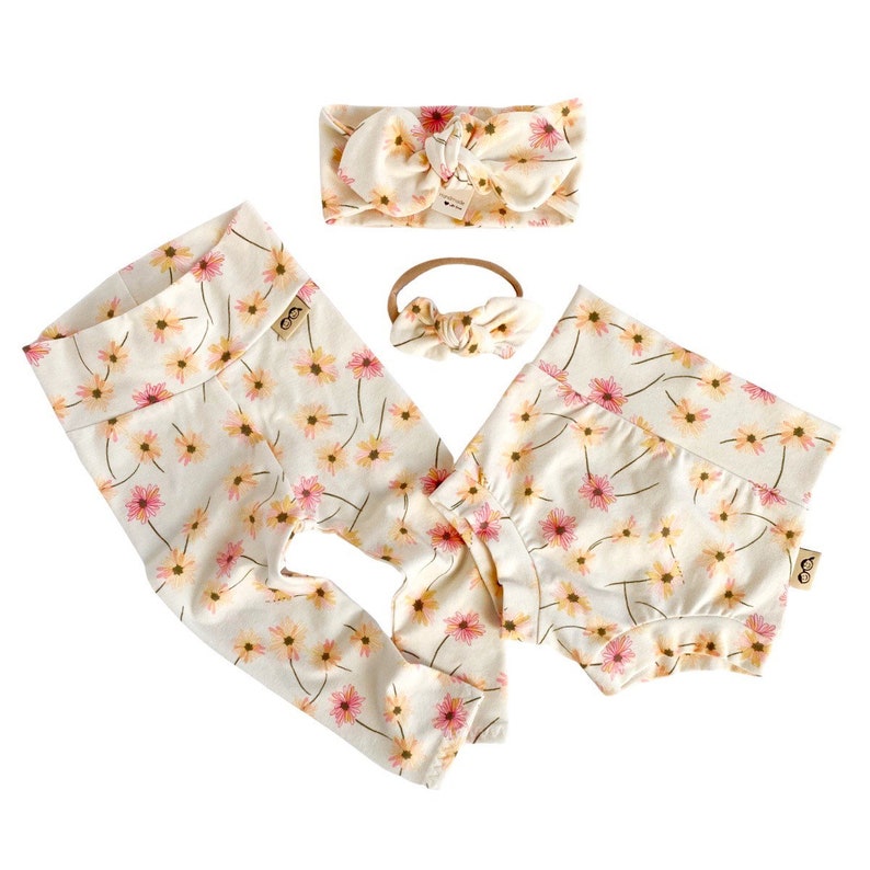 Baby Pants /& Bows Newborn Coming Home Outfit Cream Floral Leggings and Top Knot Headbands Set Preemie Girl Clothes