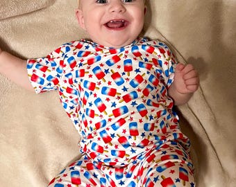 Mono estilo harem con estampado de paletas heladas patrióticas, mono para bebé con estampado de paletas, mono unisex, mono para niño o niña, ropa para bebé del 4 de julio, Día de la Independencia