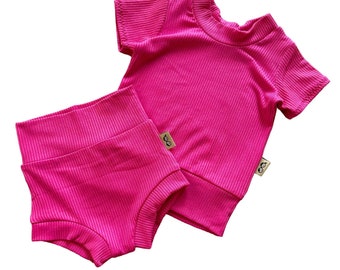 Fuchsia Rib Dudis Summer Lounge Set, Handmade Kids Tee and Shorts Set, Summer Holiday, Baby Yoga, Newborn Clothes, Baby gift Toddler Fashion