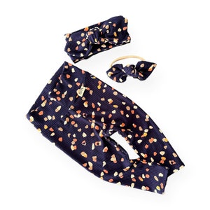 Navy Terrazzo Rib Knit Leggings and Top Knot Headband Set, Unisex Baby, Preemie Girl Clothes, Newborn Coming Home Outfit, Cute Toddler Set