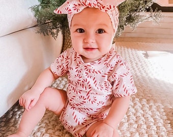 Pink Candy Canes Bummies and/or Top Knot Headband Set, Baby Girl Christmas Outfit, Baby Diaper Cover Toddler High Waist Rib Biker Shorts Set