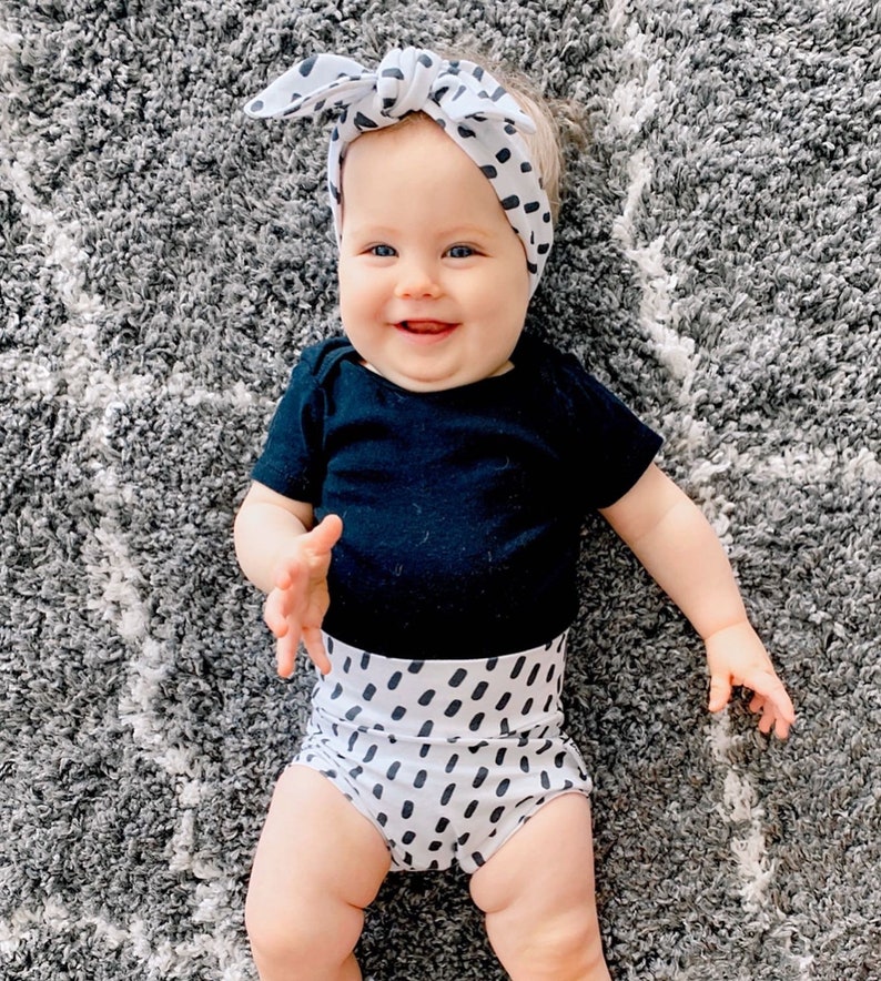 Baby Girl Clothes Cute High Waisted Shorts Toddler Diaper Cover Black Dashes on White Bummies and Tiny Knot or Top Knot Headband Set