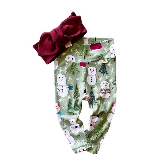 Snowman Leggings Burgundy Top Knot Headband Set, Baby Girl
