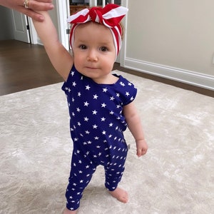 Navy Stars Harem Romper, Baby Clothing, Baby Romper, Baby Girl Romper, Summer Baby Romper, Unisex Baby Jumpsuit 4th of July Baby Set
