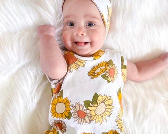 Retro Sunflowers Harem, Baby Clothing, Baby Romper, Baby Girl Romper, Summer Baby Romper, Unisex Baby Jumpsuit Summer Baby Fun Print
