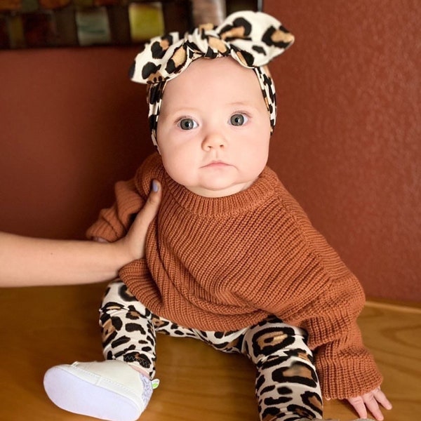 Leggings et/ou bandeaux léopard ivoire, vêtements pour fille prématurée, tenue nouveau-né pour le retour à la maison, pantalons et noeuds bébé guépard