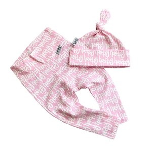 Baby Girl Happy Leggings and Knot Hat Set, Cute Preemie Clothes, Newborn Coming Home Outfit, Baby Pants and Beanie Gift, Birthday Outfit