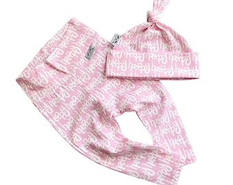 Baby Girl Happy Leggings and Knot Hat Set, Cute Preemie Clothes, Newborn Coming Home Outfit, Baby Pants and Beanie Gift, Birthday Outfit