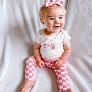 Pink Retro Checkered Leggings and/or Headbands Set, Preemie Girl Clothes, Newborn Coming Home Outfit, Baby Pants & Bows, Plaid Print