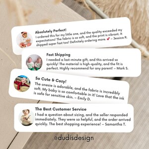 May include: Four customer reviews for a clothing shop, each with a photo of a baby wearing a onesie. The reviews are positive and highlight the quality of the fabric, the speed of shipping, and the excellent customer service.