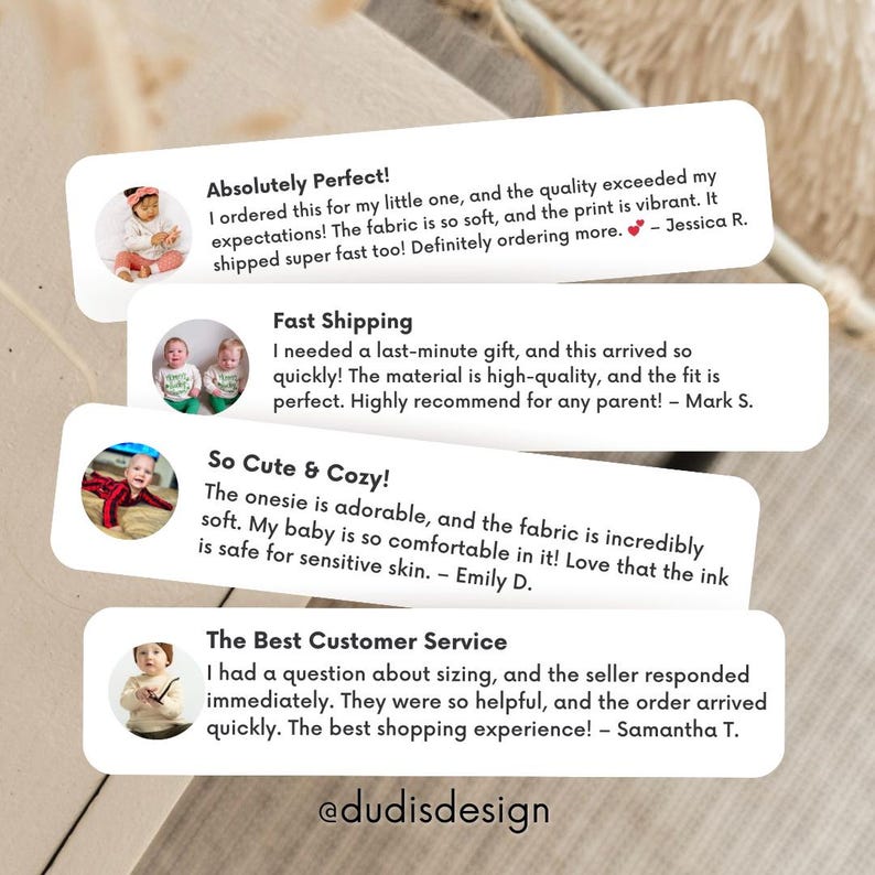 May include: Four customer reviews for a clothing shop, each with a photo of a baby wearing a onesie. The reviews are positive and highlight the quality of the fabric, the speed of shipping, and the excellent customer service.