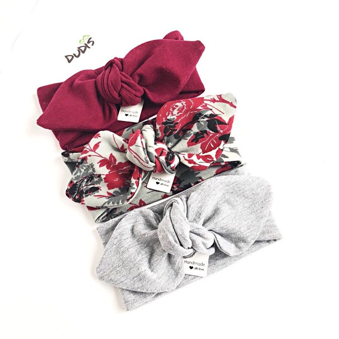 Baby Girl Top Knot Headband / Burgundy Floral,grey / Mommy