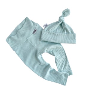 Mint Rib Leggings and Knot Hat / Preemie Boy Clothes / Newborn Coming Home Outfit / Baby Pants and Beanie