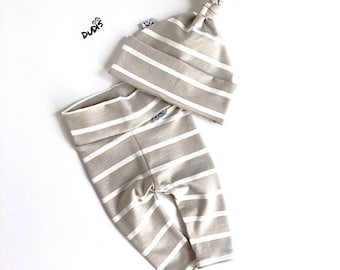 Boy Grey White Striped Leggings and Knot Hat, Preemie Boy Pants and Beanie, Newborn  Coming Home Outfit, Unisex New Baby Gift Set