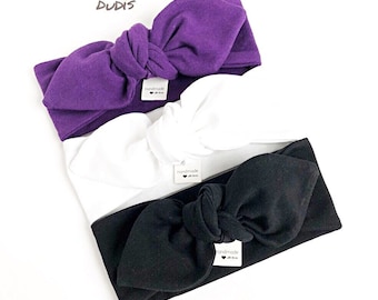 Girl Top Knot Headband Set / Purple, White, Black / Mommy and me Headband / Preemie, Newborn, Baby, Toddler, Adult Headwrap